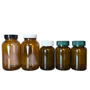 Set of Amber Glass Medicine Bottles Jars with Black White & Green Lids, [5 Jars]
